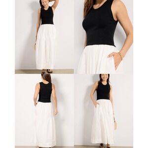 Evereve Gia Dress Womens M Black White Fitted Rib Top Flowy Tiered Poplin Skirt
